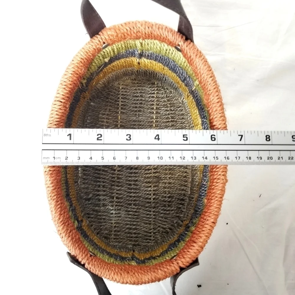 Unique Beautiful Earth Tone Multicolored Wooven Jute Basket with Leather Handles